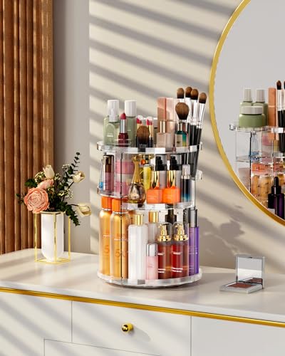 HOOMOOZ Make Up Kosmtik Organizer, 360° Drehbar Skincare Organizer, Multifunktion Schmink Aufbewahrung, Verstellbare Aufbewahrungsbox Desktop für Dresser Schlafzimmer Badezimmer, Transparent