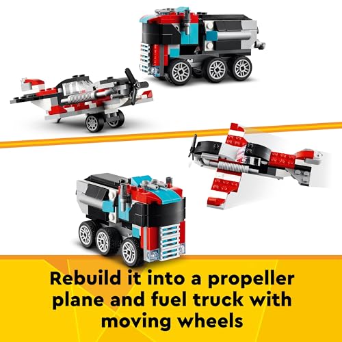 LEGO Creator 3in1 Flatbed Truck with Helicopter Toy to Propeller Plane and Fuel Lorry to Hot Rod and SUV Car Toys for 7 Plus Year Old Boys, Girls and Kids who Love Cool Vehicles, Gift Idea 31146