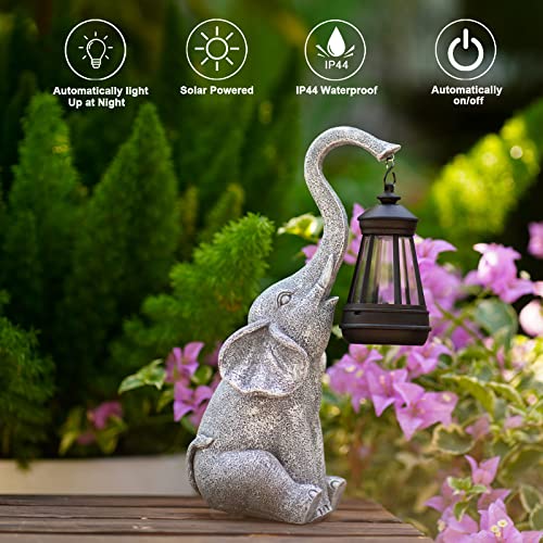 Yeomoo Elefanten Deko mit Solar Laterne Gartenfiguren - für Außen Gartendeko mit Wetterfest LED Solarlampe für Balkon Garten, Geschenke für Frauen Männer Mama Geburtstagsgeschenk Grau