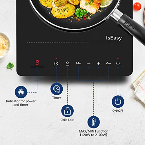 IsEasy Single Induction Cooker 2100W Portable Induction Hob with Slim Black Crystal Panel Body, Induction Plate with 9 Power Levels Setting, Max & Min Function, 8-hours Timer, Safety Lock (WQ-8030)