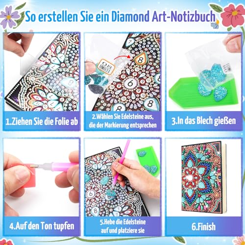 Basteln Mädchen 7 8 9 10 Jahre, Geschenke Mädchen 6-12 Jahre Diamant Painting A5 Notizbuch Bastelset Kinder Spielzeug ab 5-7-9-11 Jahre Geburtstagsgeschenk für Mädchen Tagebuch Mandalas Geschenkideen