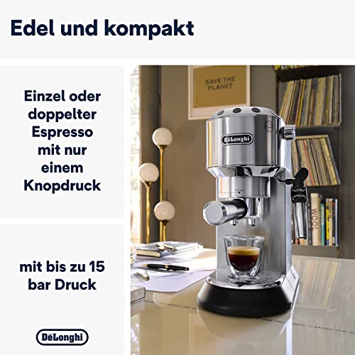 De'Longhi Dedica Style EC 685.M – Espresso Siebträgermaschine, Espressomaschine mit professionellem Milchaufschäumer, nur 15 cm breit, für Kaffeepulver oder ESE Pads, 1 l Wassertank, silber