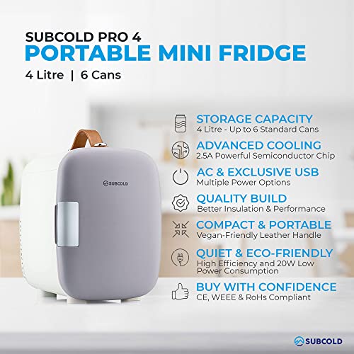 Subcold Pro4 Luxury Mini Fridge Cooler | 4 Litre / 6 Cans | Portable Small Fridge for the Office, Bedroom, Car, Travel, Skincare & Cosmetics (Grey New)