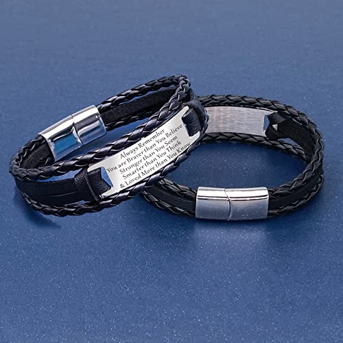HAYOUWAY Mens Leather Bracelet Gifts for Him Men, Personalised Handmade Braided Leather Bracelet for Men Women Teen Boys Son Gifts with Stainless Steel Magnetic Clasp Engraved Inspirational Quote