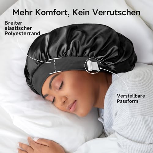 Umisleep 22 Momme Schlafhaube zum Schlafen mit Maulbeerseidenfutter, Doppelschicht Schlafmütze, Verstellbar mit Elastischem Band, Haarschutz für Lange und Lockige Haare, Weich, Schwarz+Lila