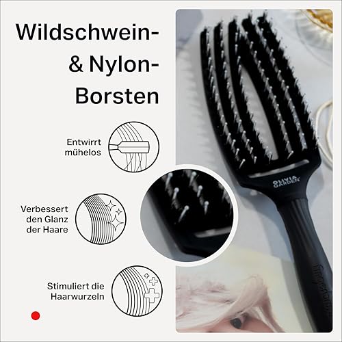 Olivia Garden Fingerbrush Care Iconic - Medium - Schwarz - Detangler Bürste mit Wildschweinborsten & Nylon für gesundes und glänzendes Haar