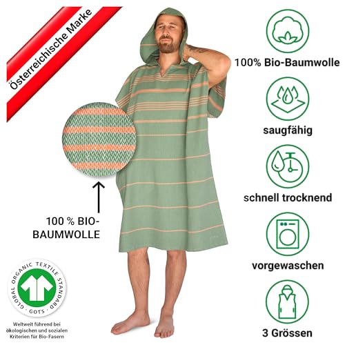 LeStoff Badeponcho - 100% Bio-Baumwolle - Leicht, Saugstark, Schnelltrocknend, Strandponcho, Handtuchponcho, Surfponcho, Umkleideumhang, Handtuchkleid, Duschponcho, Umziehponcho (Olive-Orange, L)
