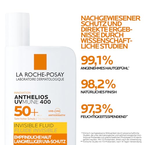 La Roche Posay Sonnenfluid für das Gesicht für zu Sonnenallergie neigende und empfindliche Haut, Mit innovativem UV-Filter Mexoryl 400 LSF 50+, Anthelios Invisible Fluid UVMune 400, 50 ml