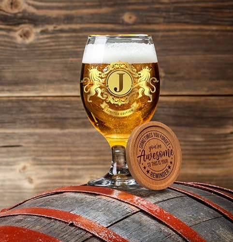 CROWNLY CRYSTAL® Personalised Beer Glass Gift for Men Dad Grandad Boyfriend Birthday Gifts Husband Uncle Presents (J)