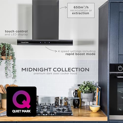 Russell Hobbs RHGCH603DS Midnight Collection 60cm T-Shaped Chimney Cooker Hood, Dark Steel