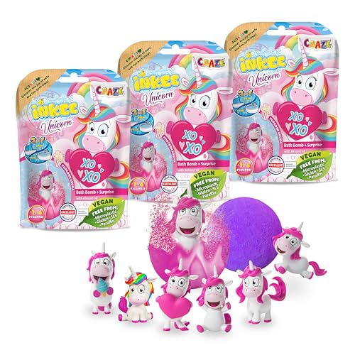 INKEE Bath Bomb Unicorn - 3er Set Magische Badekugel mit Überraschung, 3x Badebomben mit Einhorn Spielfiguren