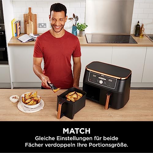 Ninja Foodi MAX Dual Zone Heißluftfritteuse, 9,5L Airfryer, 2 Fächer, mit Zange, Antihaftbeschichtung, spülmaschinenfeste Körbe, 6-in-1, Amazon Exklusiv, Kupfer/Schwarz, AF400EUCP