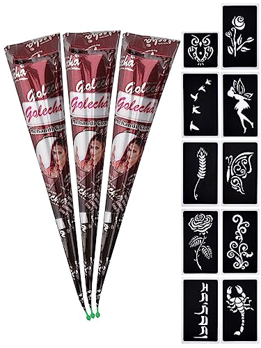eLander 3x Temporäre Tattoo Natürliche + 10x Henna Tattoo Schablone,Temporäre Mehndi Tattoos, Natürliche Kegel, Tattoo sticker, Temporäre Tätowierung (Braun)