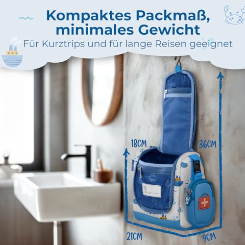 REISERACKER Kulturbeutel Kinder inkl. Medi Tasche als Kulturbeutel zum Aufhängen - Kulturtasche Kinder zum Aufhängen - Kulturtasche für Jungen und Mädchen