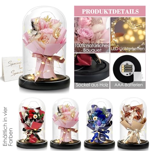 DINGHENG Ewige Rose im Glas mit LED, Rosa Rose Blumenstrauß, Geschenk für Frauen, Dekoration für Zuhause, Langlebige Echte Blumen für Freundin Weihnachten Valentinstag Muttertag Geburtstag