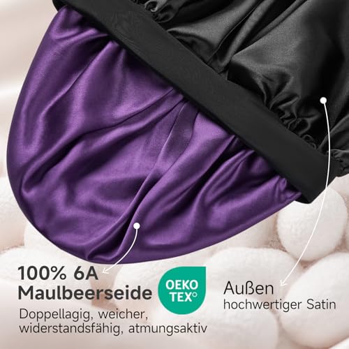 Umisleep 22 Momme Schlafhaube zum Schlafen mit Maulbeerseidenfutter, Doppelschicht Schlafmütze, Verstellbar mit Elastischem Band, Haarschutz für Lange und Lockige Haare, Weich, Schwarz+Lila
