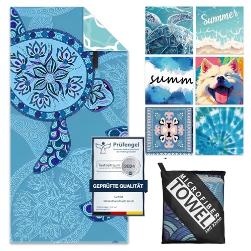 Giyim Strandtuch XXL - 180 x 100 cm Mikrofaser Handtuch mit Tasche, Saugfähig und Schnell Trocknende Strandhandtuch, Weiches & Leichtes Beach Towel für Strand, Schwimmen (Schildkröten)