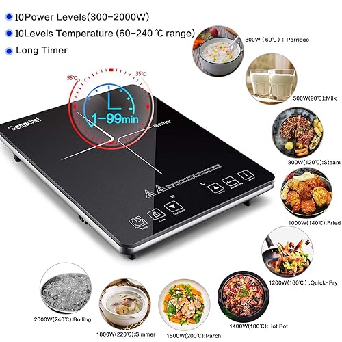 AMZCHEF Single Induction Cooker, Ultra-thin Induction Hob with Fashion Look, 10-level Power and Temperature Control, Black Frosted Glass Panel, Touch Sensor, 3-hour Timer, Safety Lock