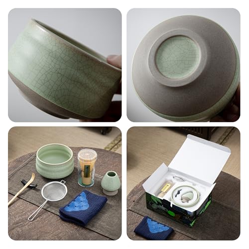 TEANAGOO Matcha Set| Matcha Besen|Matcha Tea Set | Matcha Schale| Matcha Whisk,Schaufel, Sieb, Matcha-Besenhalter, Matcha-Besenständer-7 Stück MatchaTee Sets,N6, Lt.grün mit Schwarzer Naht