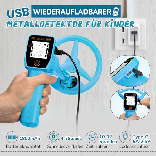 Metalldetektor Kinder, Smofrees Über USB Wiederaufladbarer Kleiner Kinder Metalldetektor, Verstellbarer 60-86cm Tragbarer Metalldetektor mit lustigem LCD-Display für die Erkundung im Freien, Blau