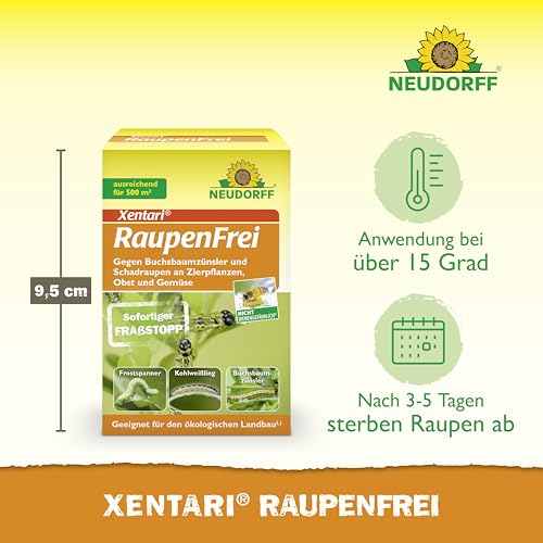 Neudorff Xentari RaupenFrei, bekämpft biologisch Buchsbaumzünsler und andere Schadraupen. Wirksames Spritzmittel zum Schutz vor Raupen an Buchsbaum, Hecke etc. 1x 25g, Braun