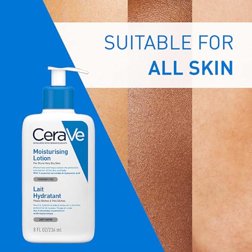 CeraVe Körperlotion mit Pumpspender, Für trockene bis sehr trockene Haut, Feuchtigkeitscreme Hyaluron und 3 essenziellen Ceramiden, Geeignet bei Neurodermitis, 236 ml