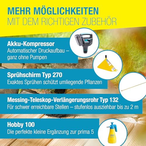 GLORIA Drucksprüher prima 5 | Gartenspritze/Sprühgerät für den Pflanzenschutz | 5 L Füllinhalt | Verstellbare Messingdüse, Gelb, Schwarz, Blau