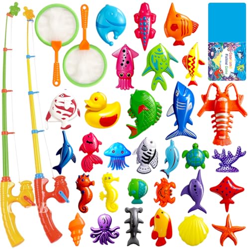 Badewannenspielzeug Wasserspielzeug Kinder Outdoor ab 3 Jahre Angelspiel mit 30 Magnetischen Fischen Badespielzeug für Kinderpool/Garten/Strand Pool Spielzeug Kinder ab 3 4 5 Jahre