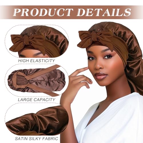 Satin Haarhaube Extra Lange Seiden Schlafhauben für Damen Verstellbar Satin Schlafmütze mit Elastisches Band Seiden Haarhaube zum Schlafen Haarhaube für Langes Lockiges Haar Zopf (Schwarz,Braun, 2Pcs)