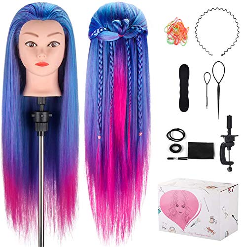 TwoWin Trainingsköpfe 100% Kunsthaar Friseur Kopf Set Haar Hairdressing Kosmetologie Mannequinmit Halterung+ DIY Haar Zubehör Styling (Lila-blau)