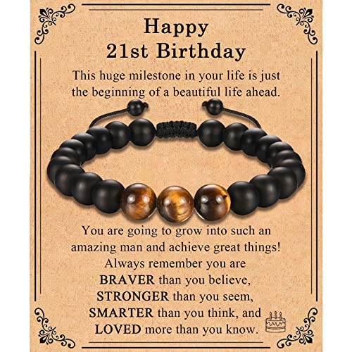 TEVOP 21st Birthday Gifts for Men, Tiger Eye Stone Bracelet 21st Birthday Gifts for Him Son Brother Grandson Friend, Perfect 21 Year Old Gift