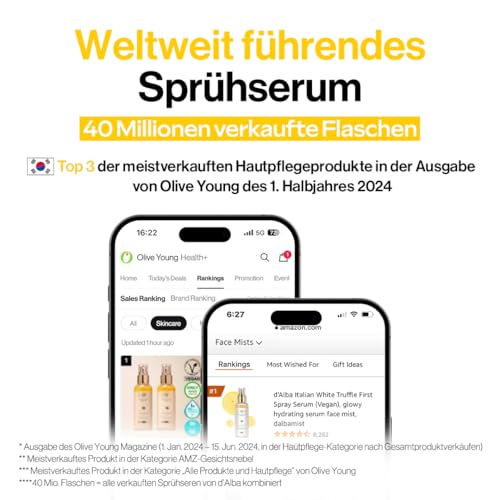 d'alba Italian weiß Trüffel First Spray Serum Sprühen Serum, Feuchtigkeitsspendendes-GesichtsSprühen, Tensidfreies, Sprühen für Strahlende Haut, Hautberuhigendes, Vegan, Koreanische Hautpflege (100ml)