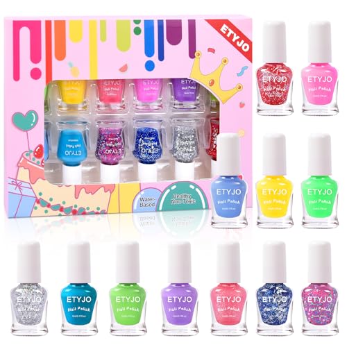ETYJO Kinder Nagellack Mädchen Ungiftig, 12 Farben Peel-Off Nagellack für Kinder, Wasserbasis Kindernagellack Schnelltrocknend Nagellack Kinder Nail Art Geschenkset