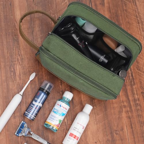 WANDF Kulturtasche für Herren Reise-Kulturtasche,Dopp-Kit aus Canvas,Wasserabweisende vegane Ledertasche für Rasierutensilien und Toilettenartikel (Grün)