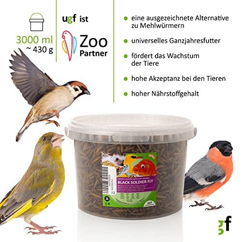 UGF - Hermetia Besser als getrocknete Mehlwürmer 3-Liter ≈ 430g, 85-mal mehr Kalzium als lebende Mehlwürmer, BSFL Futter für Wildvögel, Schildkröten, Ratten, Igel, Hamster - Soldatenfliegenlarven
