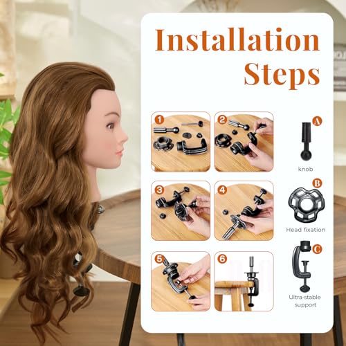 Neverland 71cm Frisierkopf Übungskopf mit Ständer, 60% Echthaar Puppenkopf zum Frisieren, Trainingsköpfe für Friseure Ausbildung Kopf mit Tischklemme und Haare Zubehör(Golden)