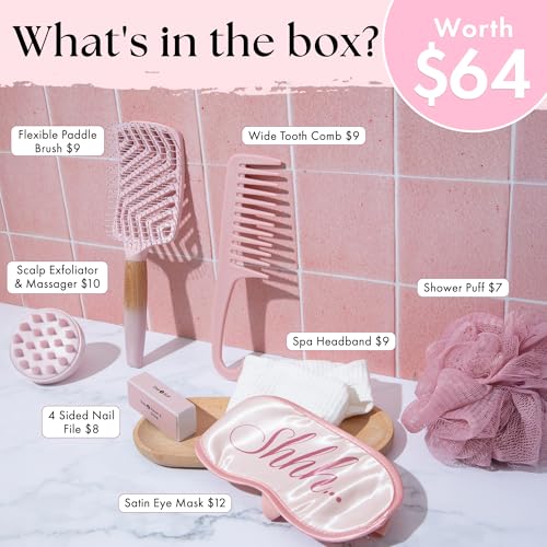 Lily England Self Care Geschenkset für Frauen - 7-teiliges Spa Beauty Geschenke in Rosa - Relaxing Kit mit Haarbürste, Kamm, Schlafmaske, Duschschwämme & Stirnband - Geschenk für Mama, Schwester