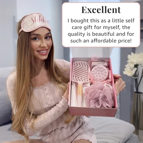 Lily England Self Care Geschenkset für Frauen - 7-teiliges Spa Beauty Geschenke in Rosa - Relaxing Kit mit Haarbürste, Kamm, Schlafmaske, Duschschwämme & Stirnband - Geschenk für Mama, Schwester