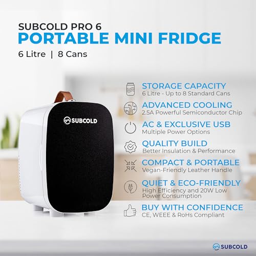 Subcold PRO6 Mini Fridge 6L / 8 Can – Quiet & Energy-Efficient, USB & AC Powered Small Fridges for Bedrooms, Car, Office, Travel | Portable Mini Fridge For Skincare, Beauty, Drinks & Snacks (Black)