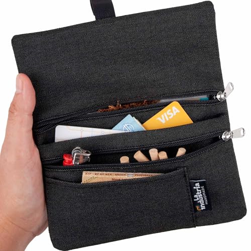 Tabaktasche für 30-50g 'Vulcano' - Wasserabweisender Tabakbeutel für Drehtabak mit Fächern für Filter, Blättchen und Feuerzeug (Schwarz)