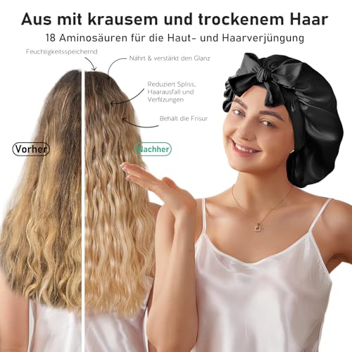 LitBear Schlafhaube aus 100% Maulbeerseide für Damen, 6A 22 Momme, große doppellagige Haube aus echter Seide mit Bindeband, rutschfester Seidenturban, inklusive Seiden-Haargummi