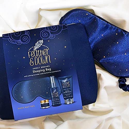 Feather & Down Sleeping Bag Gift Set (luxury eye mask, sleep balm, pillow spray and shower cream) - with calming lavender & chamomile essential oils. Vegan Friendly & Cruelty Free.