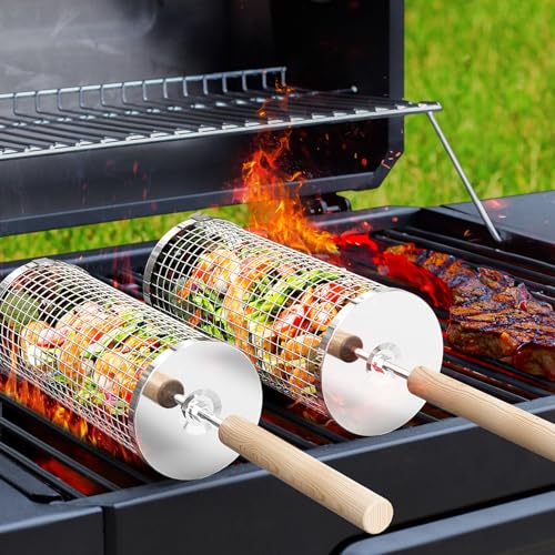 Ivtivfu Nestendes Rollendes Grillkorb Set, Abnehmbarer Holzgriff, Edelstahl 304, Grill Zubehör für Gemüse Garnelen, Outdoor Camping Gasgrill, Geschenke für Männer Papa Ehemann Vatertag