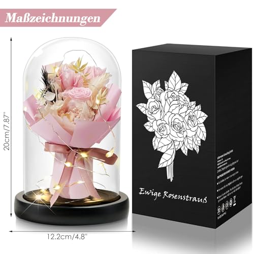 DINGHENG Ewige Rose im Glas mit LED, Rosa Rose Blumenstrauß, Geschenk für Frauen, Dekoration für Zuhause, Langlebige Echte Blumen für Freundin Weihnachten Valentinstag Muttertag Geburtstag