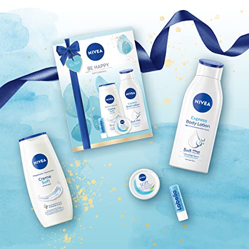 NIVEA Be Happy Geschenkset für Frauen, verwöhnendes Beauty Set mit feuchtigkeitsspendenden Pflegeprodukten, Pflegeset mit Duschgel, Body Lotion und mehr, Kosmetik Set als Geschenk für Freundinnen