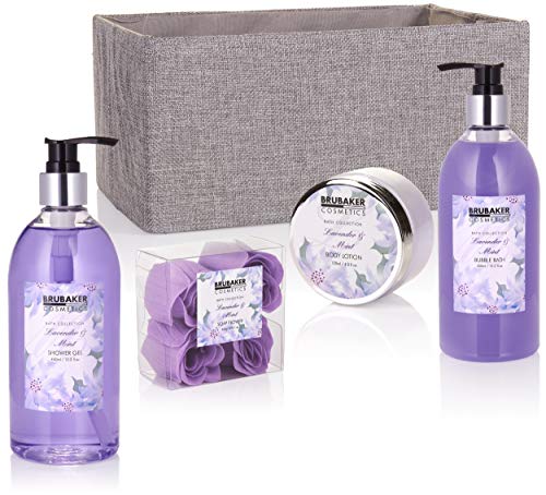 BRUBAKER Cosmetics Bade- und Dusch Set Lavendel Minze Duft - 12-teiliges Geschenkset in dekorativer Jute-Box