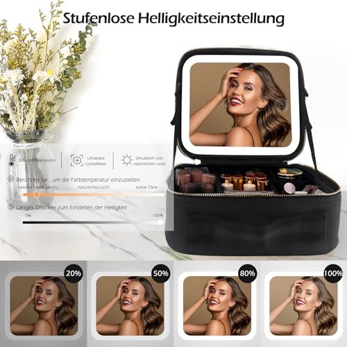 MOMIRA Reise-Makeup Tasche Kosmetiktasche mit beleuchtetem Spiegel, Einstellbarer Helligkeit in 3 Farbszenarien, Geschenk für Frauen - Schwarz