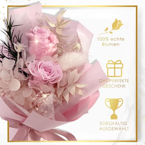 DINGHENG Ewige Rose im Glas mit LED, Rosa Rose Blumenstrauß, Geschenk für Frauen, Dekoration für Zuhause, Langlebige Echte Blumen für Freundin Weihnachten Valentinstag Muttertag Geburtstag