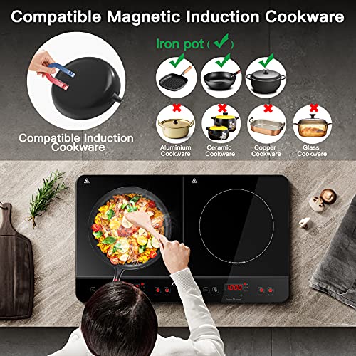 Aobosi Double Induction hob,Induction Cooker with Portable Black Glass Plate, Independent Control,One-click Max and Min Power Control 2800W,20 Temperature Setting[Upgrade],Safety Lock,4-Hour Timer