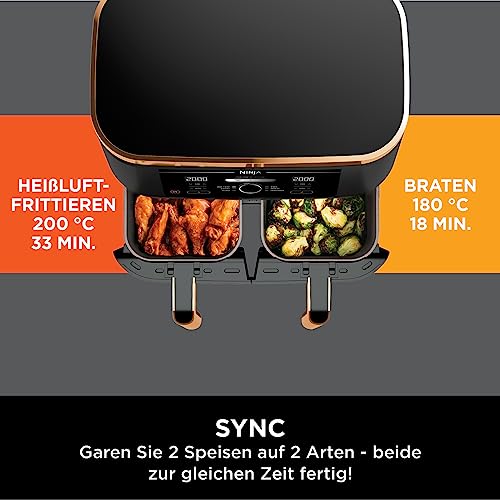 Ninja Foodi MAX Dual Zone Heißluftfritteuse, 9,5L Airfryer, 2 Fächer, mit Zange, Antihaftbeschichtung, spülmaschinenfeste Körbe, 6-in-1, Amazon Exklusiv, Kupfer/Schwarz, AF400EUCP